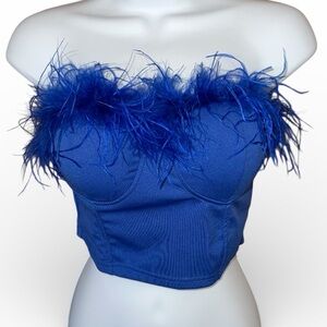 SHEIN Blue Feather Trim Strapless Bustier Top | Size S
